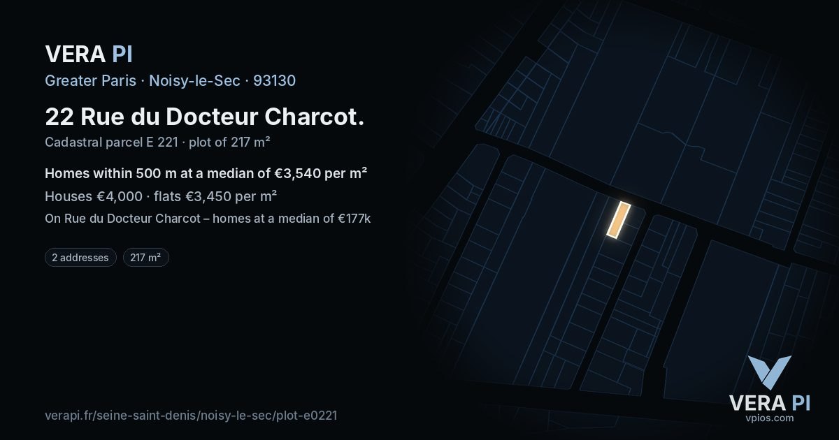 22 Rue du Docteur Charcot, Noisy-le-Sec at night – the plot lit, the parcels around coloured by the prices near them