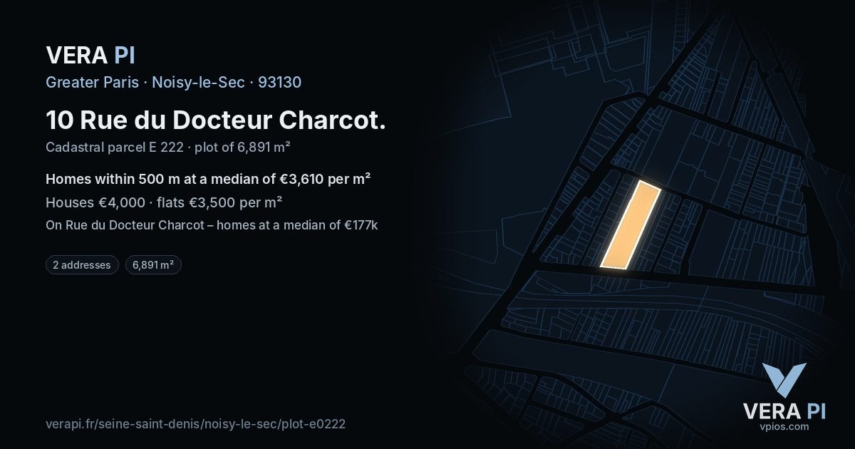 10 Rue du Docteur Charcot, Noisy-le-Sec at night – the plot lit, the parcels around coloured by the prices near them