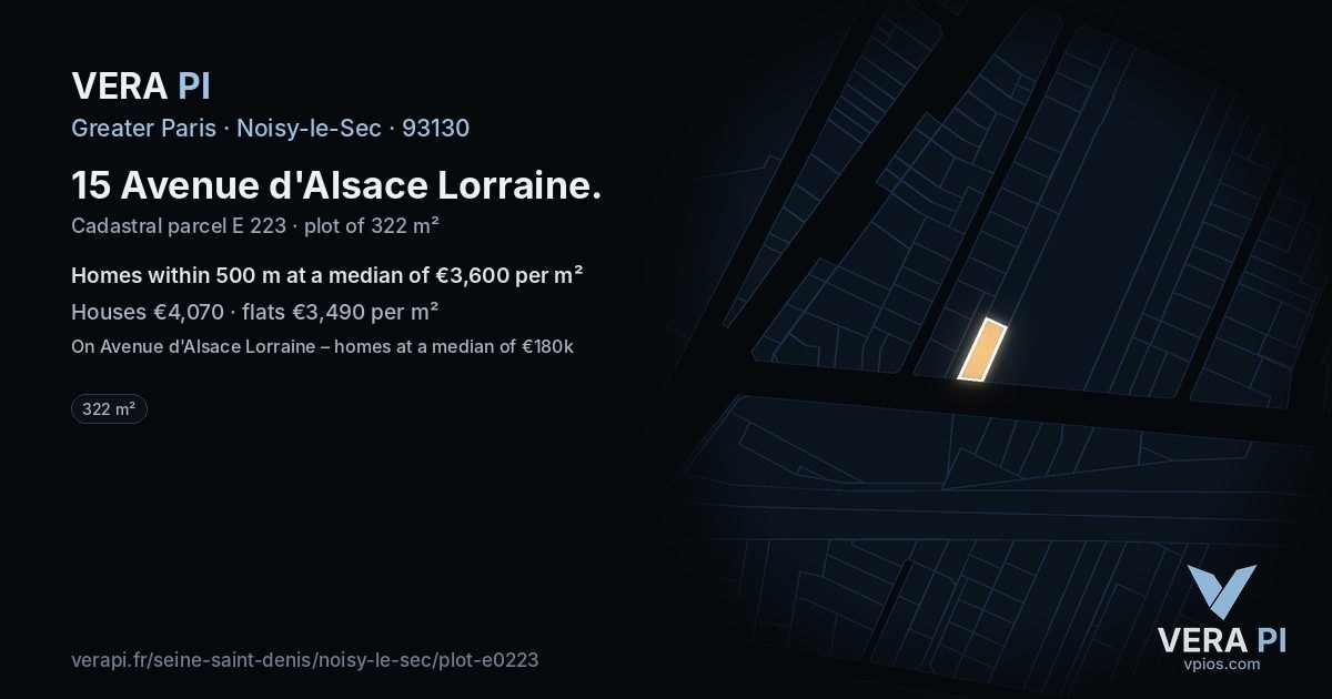 15 Avenue d'Alsace Lorraine, Noisy-le-Sec at night – the plot lit, the parcels around coloured by the prices near them