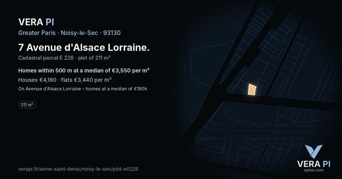 7 Avenue d'Alsace Lorraine, Noisy-le-Sec at night – the plot lit, the parcels around coloured by the prices near them