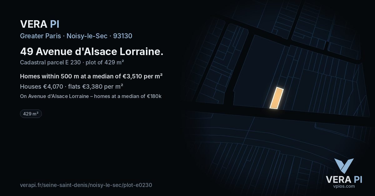 49 Avenue d'Alsace Lorraine, Noisy-le-Sec at night – the plot lit, the parcels around coloured by the prices near them