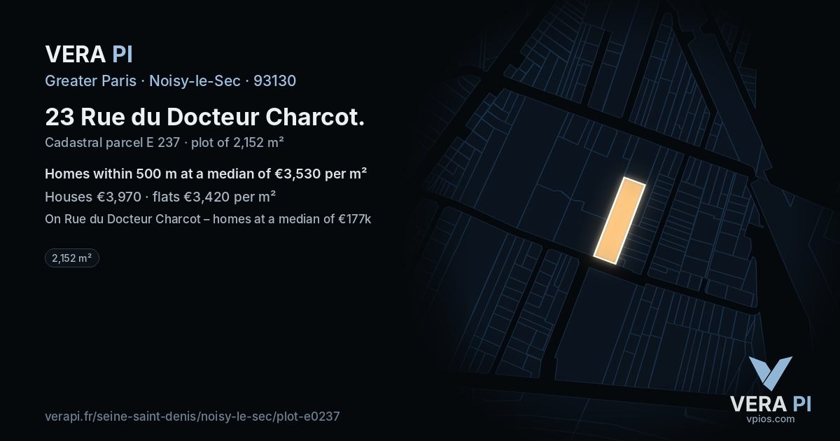 23 Rue du Docteur Charcot, Noisy-le-Sec at night – the plot lit, the parcels around coloured by the prices near them