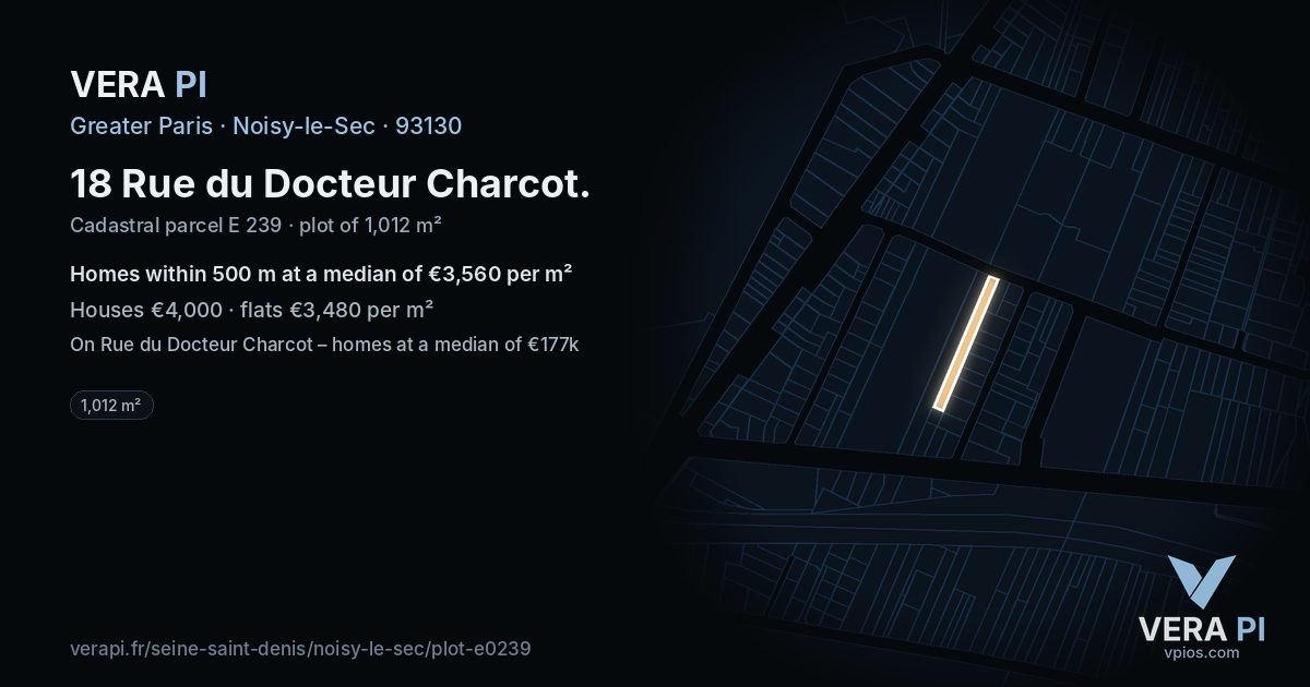 18 Rue du Docteur Charcot, Noisy-le-Sec at night – the plot lit, the parcels around coloured by the prices near them