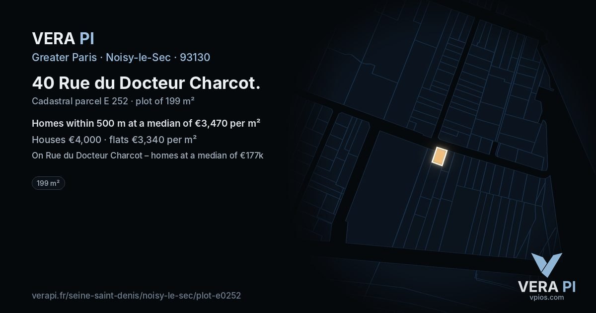 40 Rue du Docteur Charcot, Noisy-le-Sec at night – the plot lit, the parcels around coloured by the prices near them