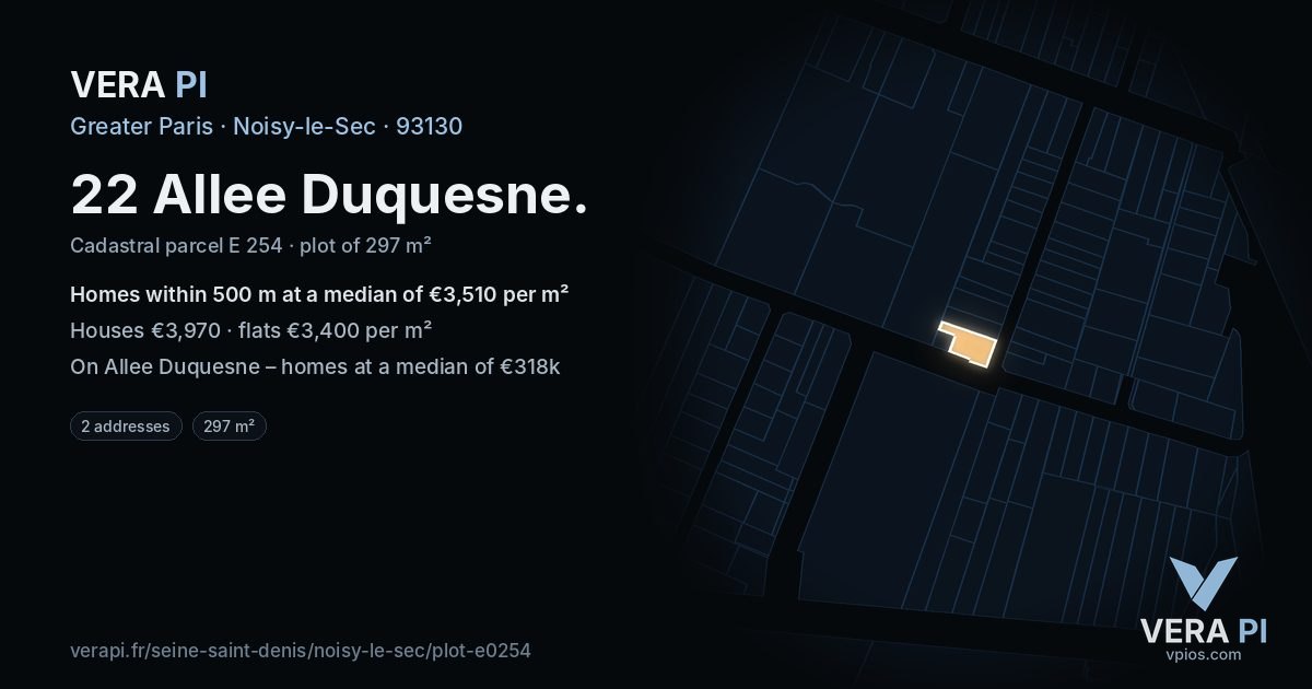 22 Allee Duquesne, Noisy-le-Sec at night – the plot lit, the parcels around coloured by the prices near them