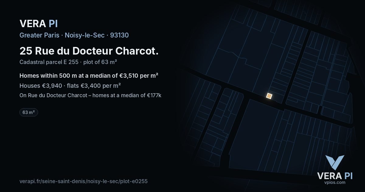 25 Rue du Docteur Charcot, Noisy-le-Sec at night – the plot lit, the parcels around coloured by the prices near them