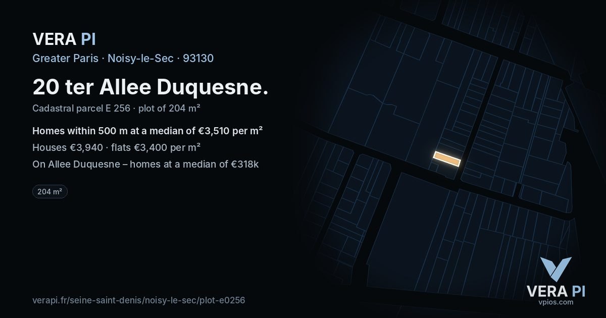 20 ter Allee Duquesne, Noisy-le-Sec at night – the plot lit, the parcels around coloured by the prices near them