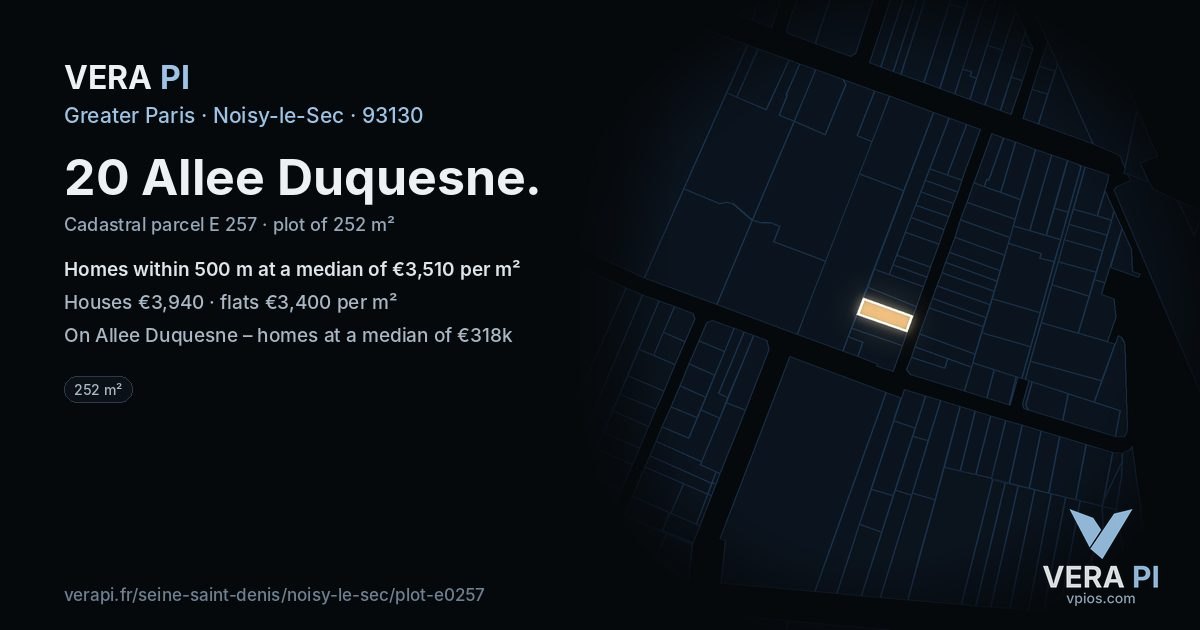20 Allee Duquesne, Noisy-le-Sec at night – the plot lit, the parcels around coloured by the prices near them