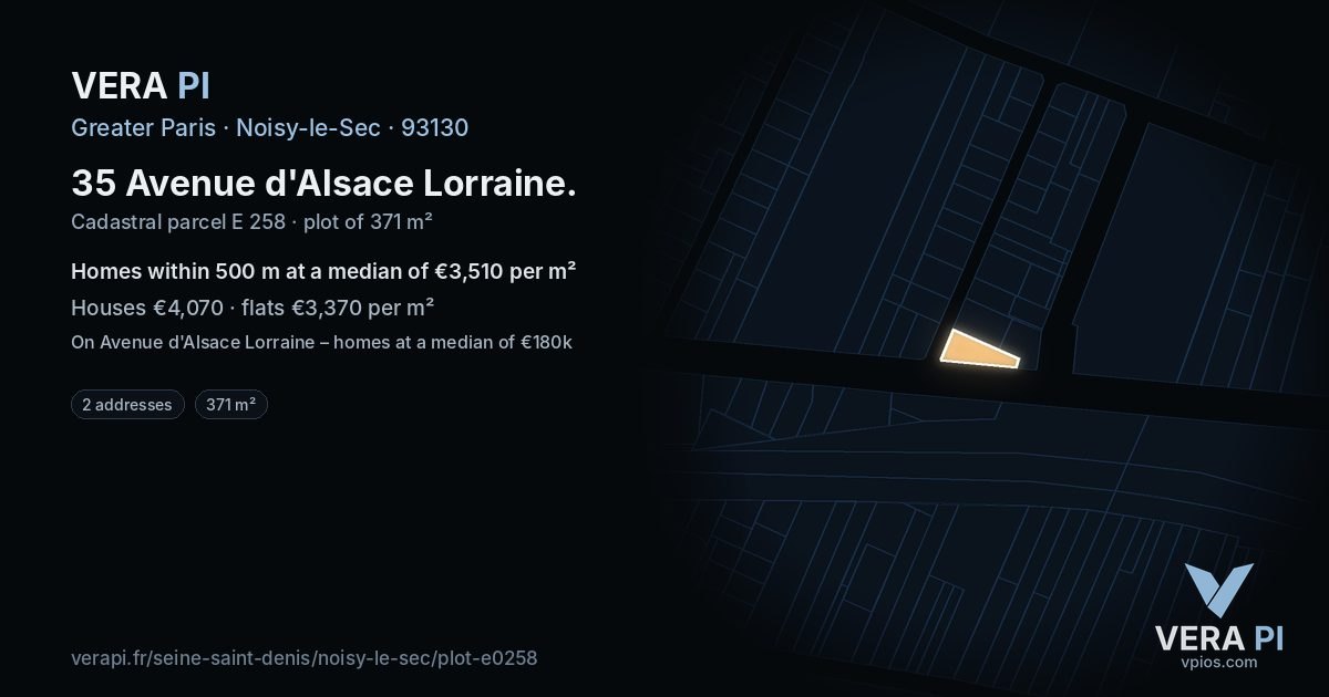 35 Avenue d'Alsace Lorraine, Noisy-le-Sec at night – the plot lit, the parcels around coloured by the prices near them