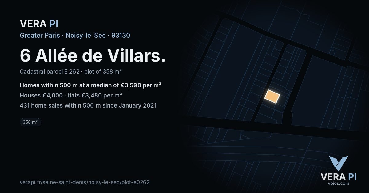 6 Allée de Villars, Noisy-le-Sec at night – the plot lit, the parcels around coloured by the prices near them