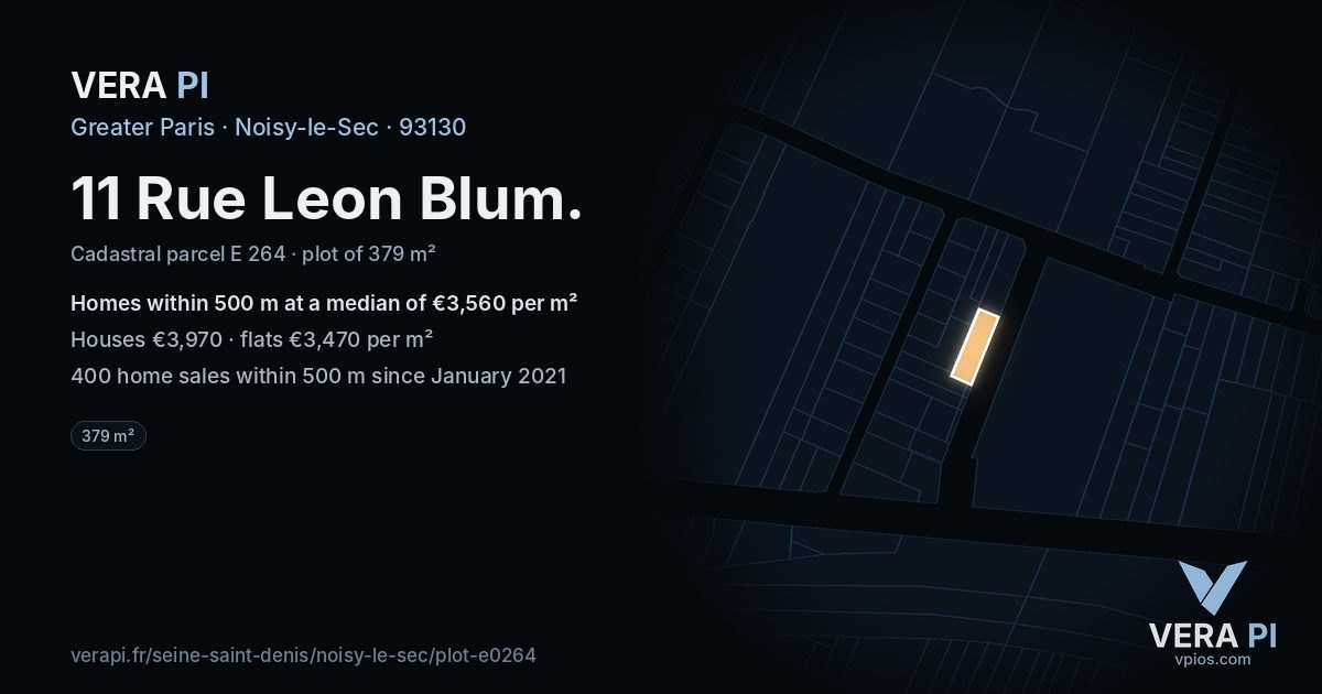 11 Rue Leon Blum, Noisy-le-Sec at night – the plot lit, the parcels around coloured by the prices near them