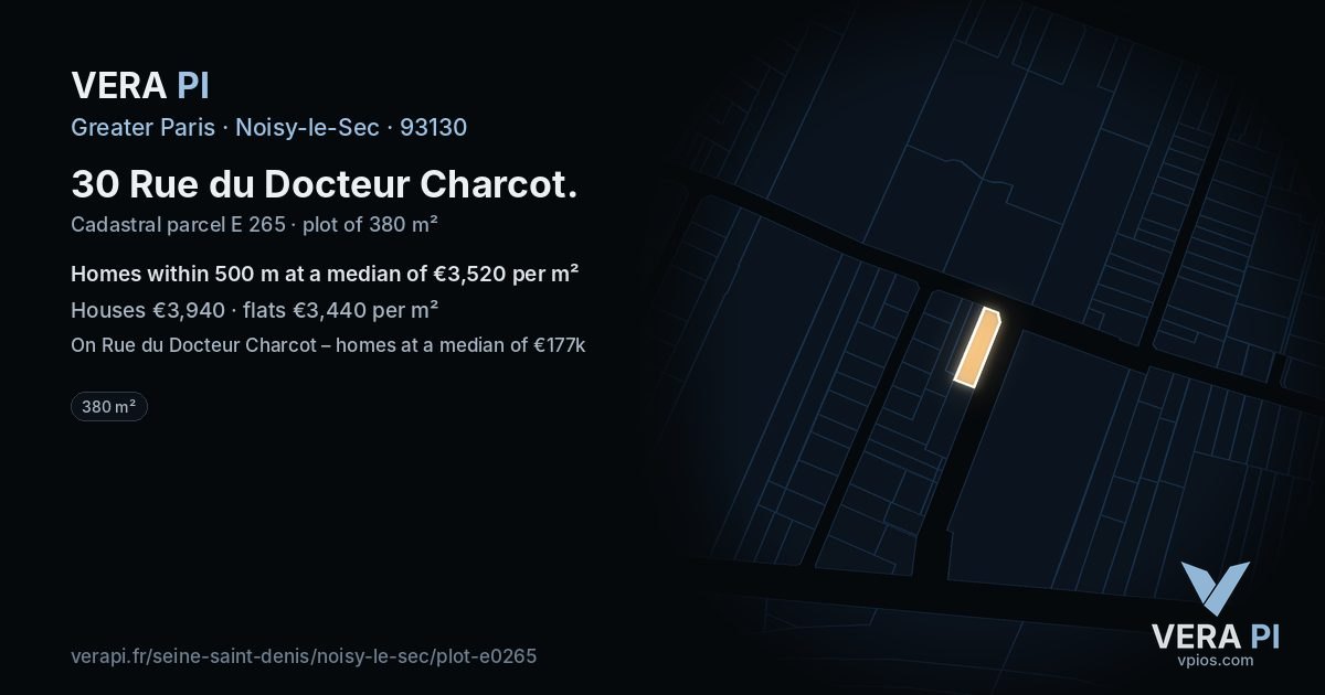 30 Rue du Docteur Charcot, Noisy-le-Sec at night – the plot lit, the parcels around coloured by the prices near them