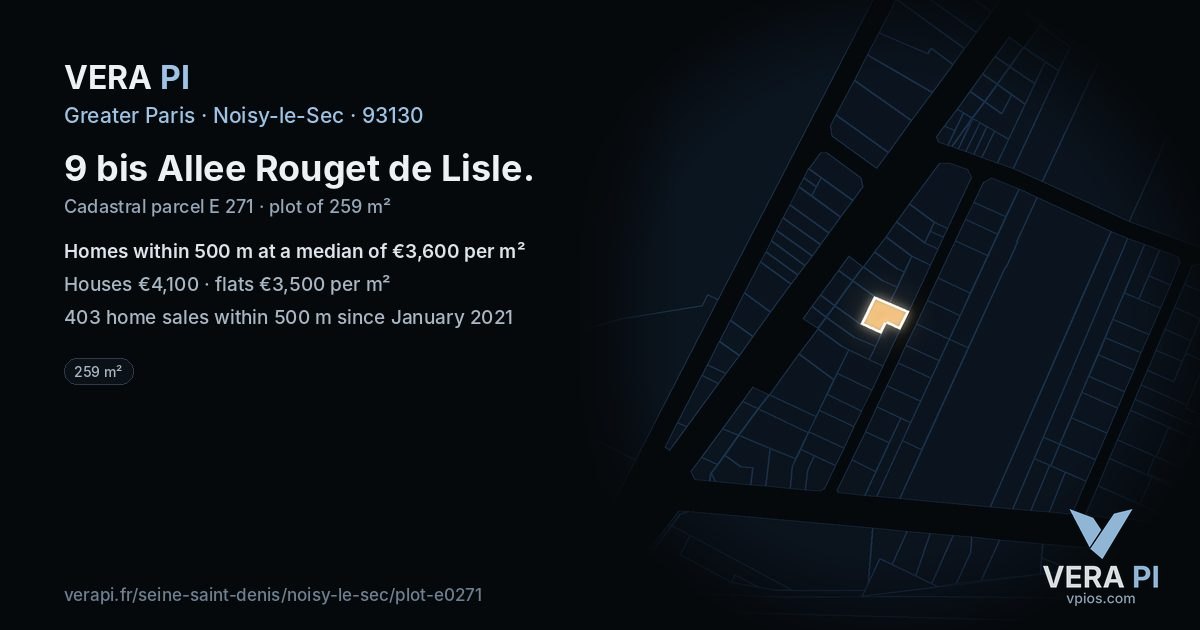 9 bis Allee Rouget de Lisle, Noisy-le-Sec at night – the plot lit, the parcels around coloured by the prices near them
