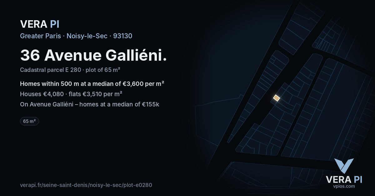 36 Avenue Galliéni, Noisy-le-Sec at night – the plot lit, the parcels around coloured by the prices near them
