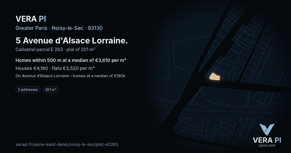 5 Avenue d'Alsace Lorraine, Noisy-le-Sec at night – the plot lit, the parcels around coloured by the prices near them