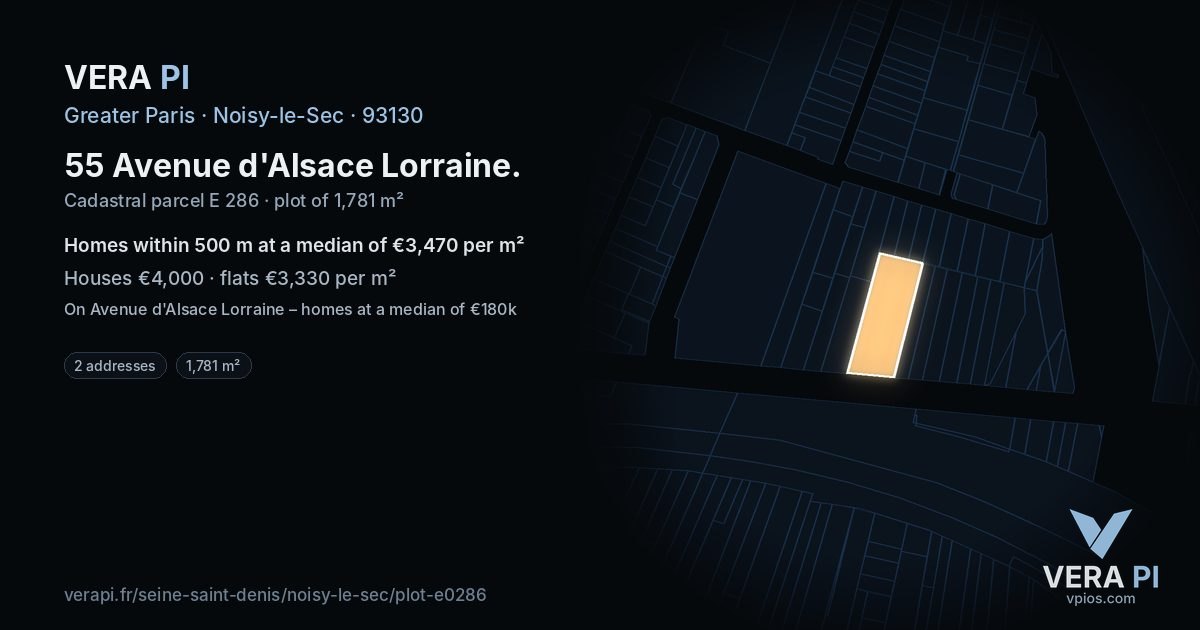 55 Avenue d'Alsace Lorraine, Noisy-le-Sec at night – the plot lit, the parcels around coloured by the prices near them