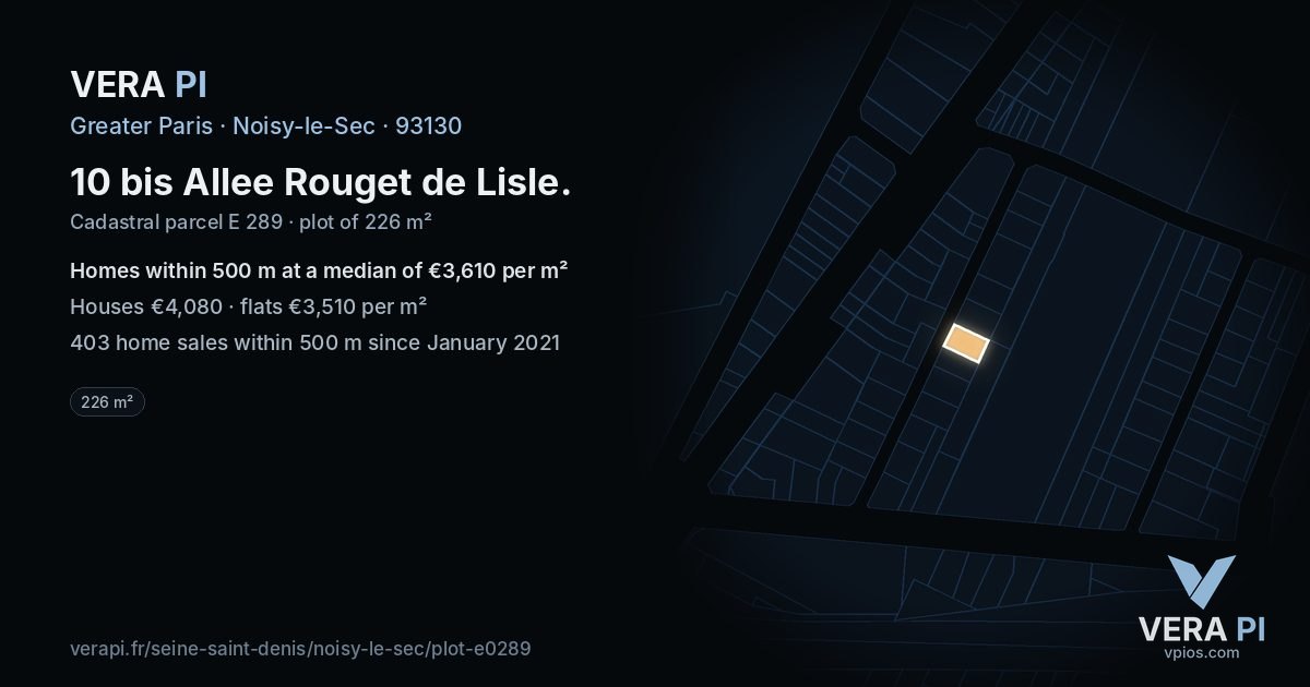 10 bis Allee Rouget de Lisle, Noisy-le-Sec at night – the plot lit, the parcels around coloured by the prices near them