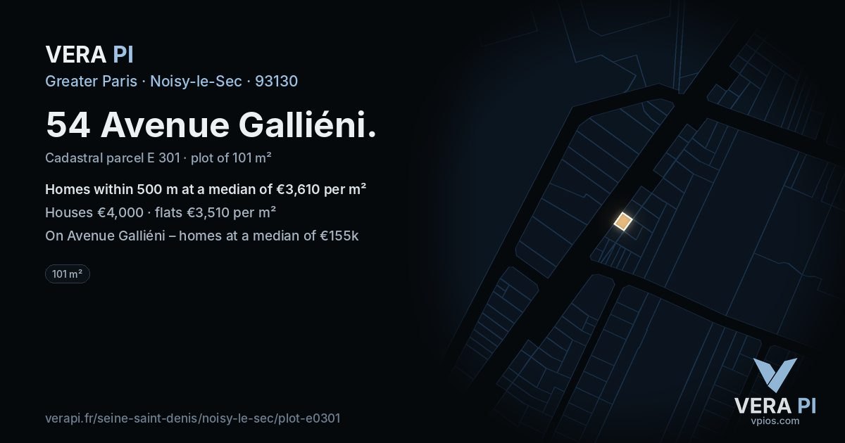 54 Avenue Galliéni, Noisy-le-Sec at night – the plot lit, the parcels around coloured by the prices near them