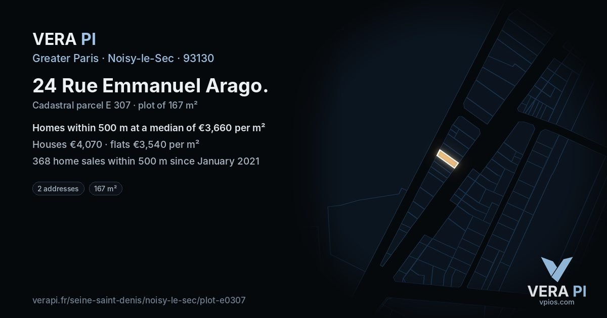 24 Rue Emmanuel Arago, Noisy-le-Sec at night – the plot lit, the parcels around coloured by the prices near them