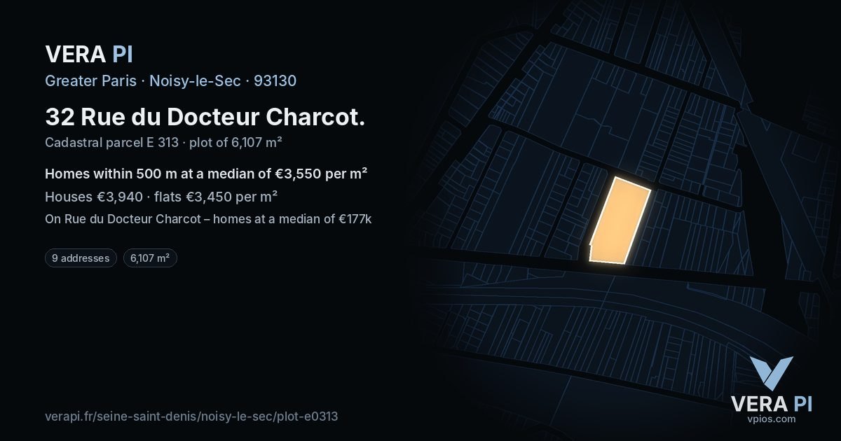 32 Rue du Docteur Charcot, Noisy-le-Sec at night – the plot lit, the parcels around coloured by the prices near them
