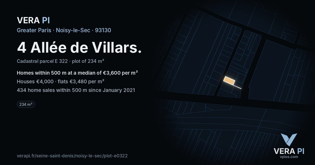 4 Allée de Villars, Noisy-le-Sec at night – the plot lit, the parcels around coloured by the prices near them