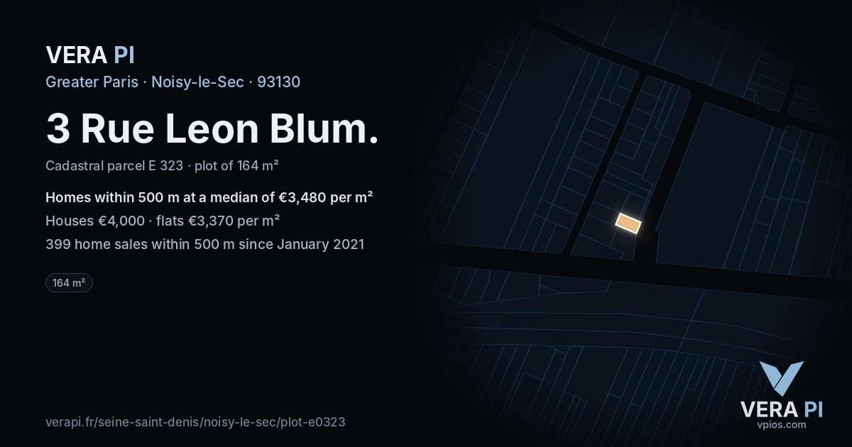 3 Rue Leon Blum, Noisy-le-Sec at night – the plot lit, the parcels around coloured by the prices near them