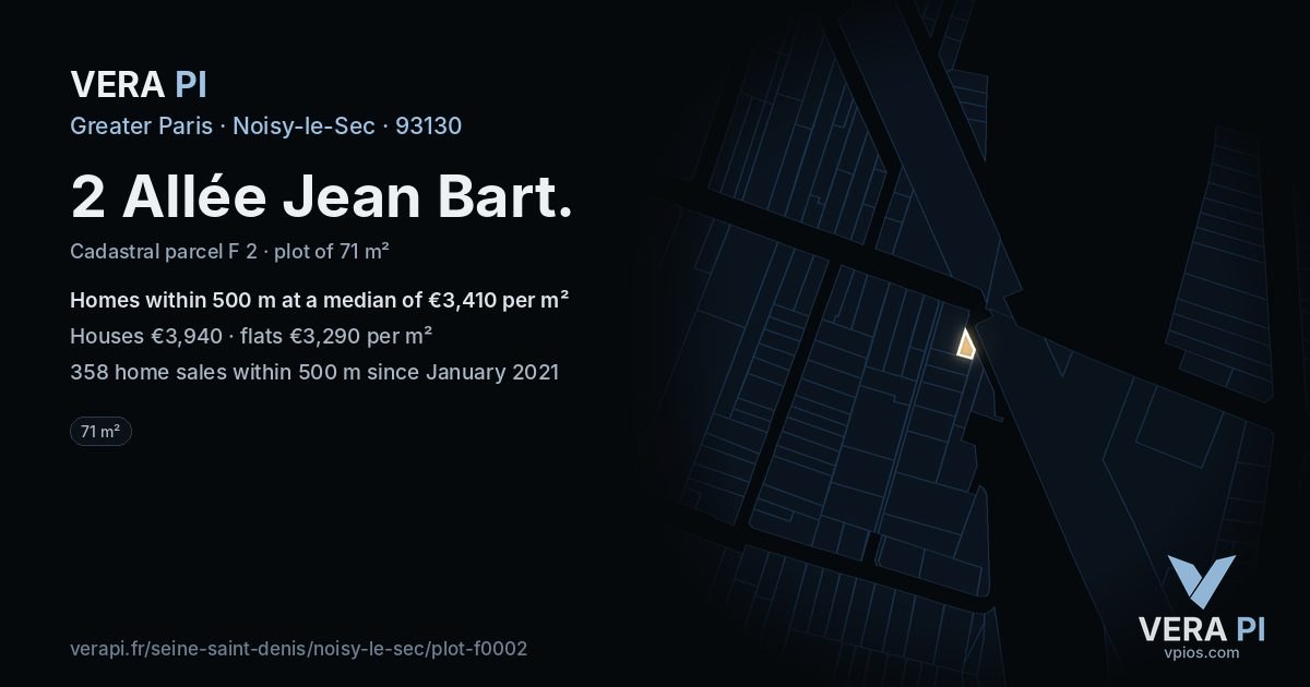 2 Allée Jean Bart, Noisy-le-Sec at night – the plot lit, the parcels around coloured by the prices near them