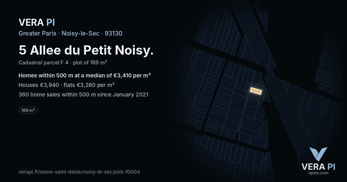 5 Allee du Petit Noisy, Noisy-le-Sec at night – the plot lit, the parcels around coloured by the prices near them