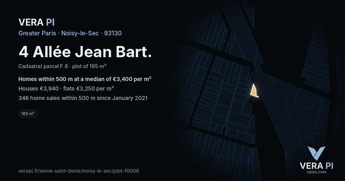 4 Allée Jean Bart, Noisy-le-Sec at night – the plot lit, the parcels around coloured by the prices near them