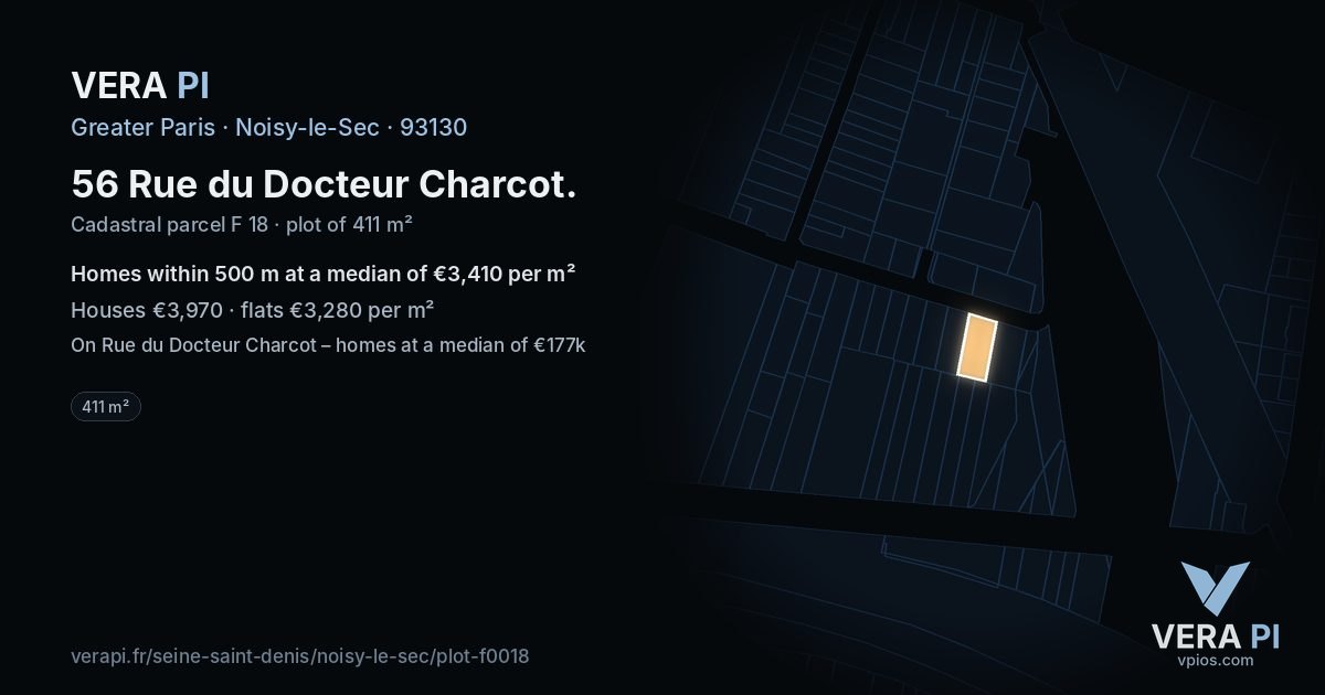 56 Rue du Docteur Charcot, Noisy-le-Sec at night – the plot lit, the parcels around coloured by the prices near them