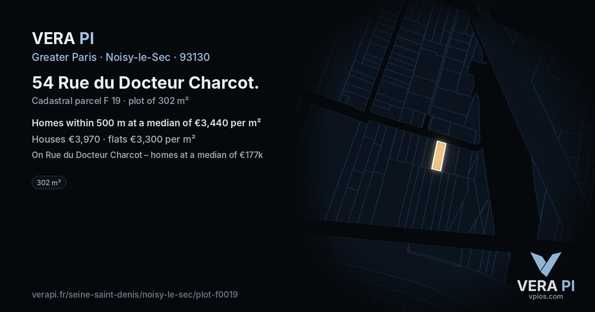 54 Rue du Docteur Charcot, Noisy-le-Sec at night – the plot lit, the parcels around coloured by the prices near them