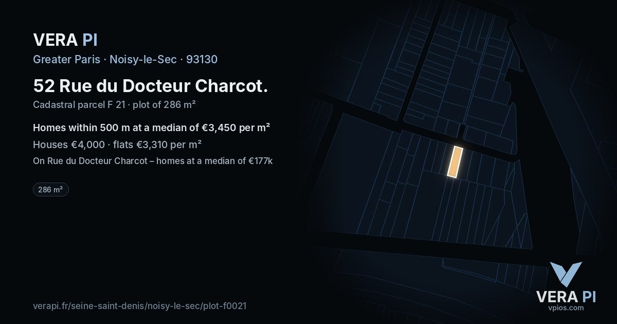 52 Rue du Docteur Charcot, Noisy-le-Sec at night – the plot lit, the parcels around coloured by the prices near them