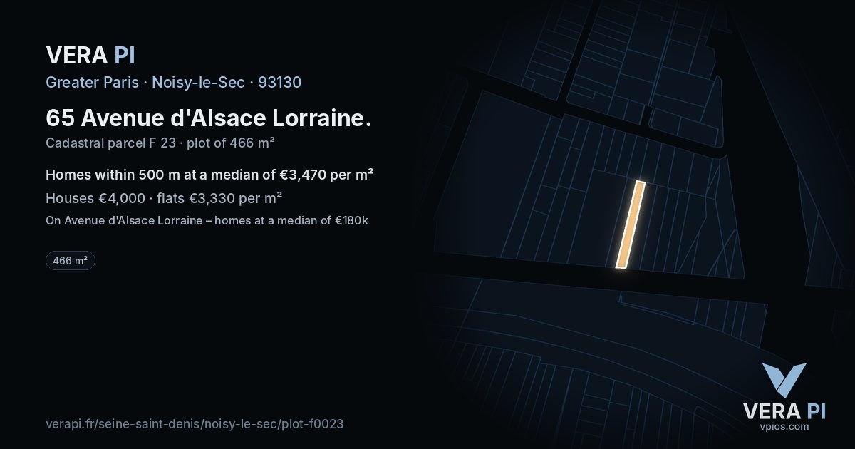 65 Avenue d'Alsace Lorraine, Noisy-le-Sec at night – the plot lit, the parcels around coloured by the prices near them