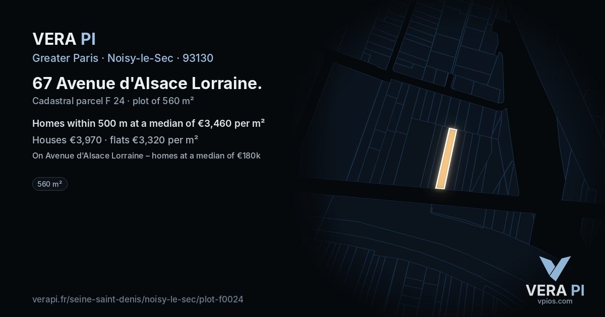 67 Avenue d'Alsace Lorraine, Noisy-le-Sec at night – the plot lit, the parcels around coloured by the prices near them