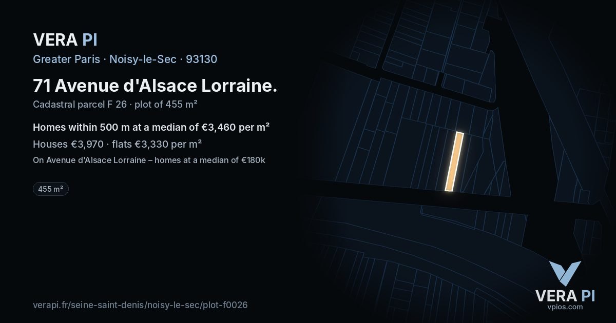 71 Avenue d'Alsace Lorraine, Noisy-le-Sec at night – the plot lit, the parcels around coloured by the prices near them