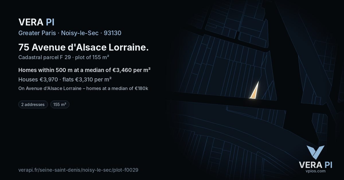 75 Avenue d'Alsace Lorraine, Noisy-le-Sec at night – the plot lit, the parcels around coloured by the prices near them