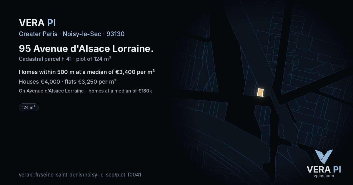 95 Avenue d'Alsace Lorraine, Noisy-le-Sec at night – the plot lit, the parcels around coloured by the prices near them
