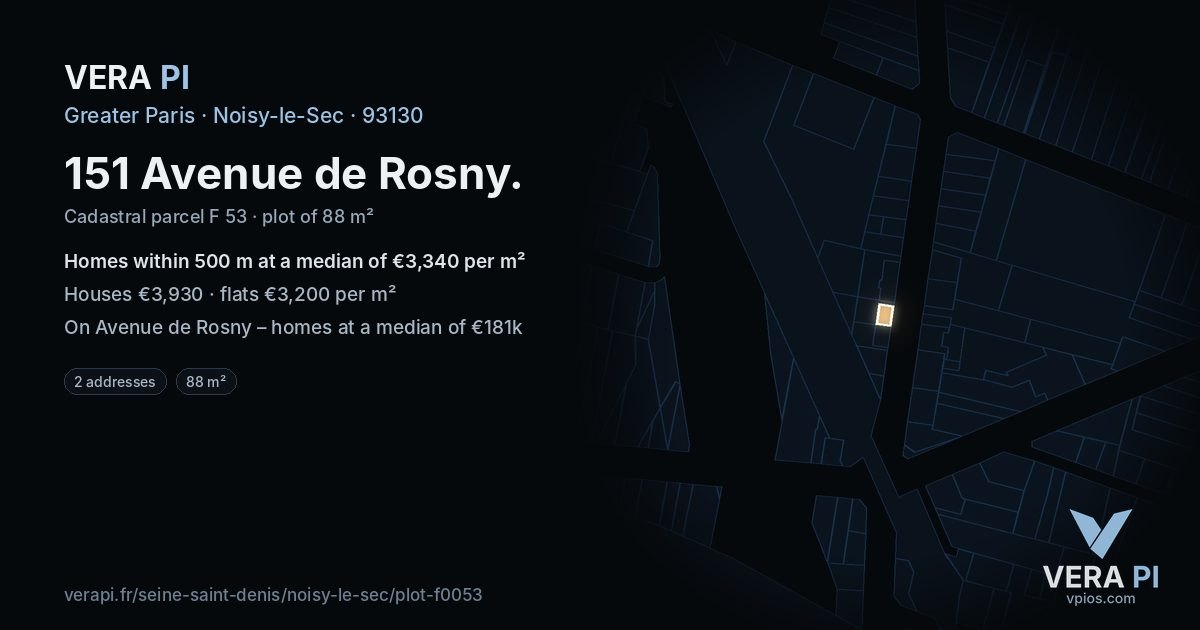 151 Avenue de Rosny, Noisy-le-Sec at night – the plot lit, the parcels around coloured by the prices near them