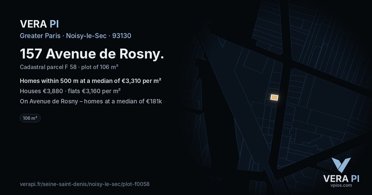157 Avenue de Rosny, Noisy-le-Sec at night – the plot lit, the parcels around coloured by the prices near them