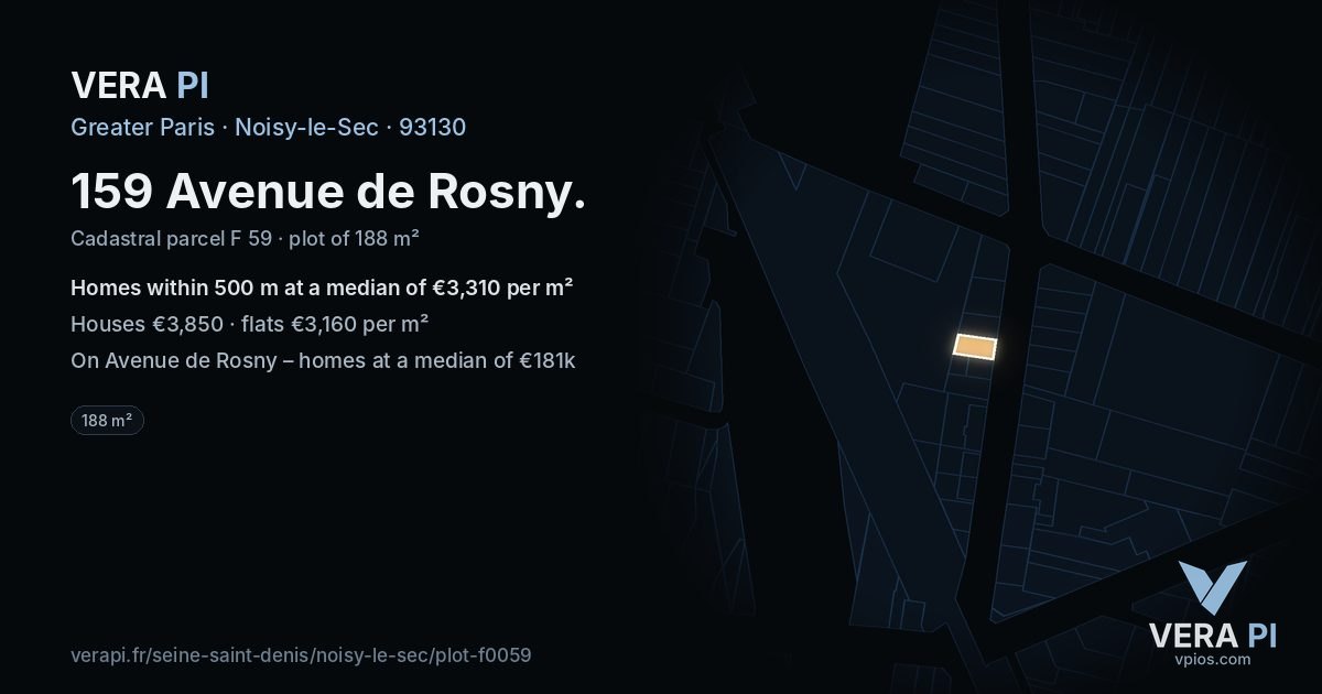 159 Avenue de Rosny, Noisy-le-Sec at night – the plot lit, the parcels around coloured by the prices near them