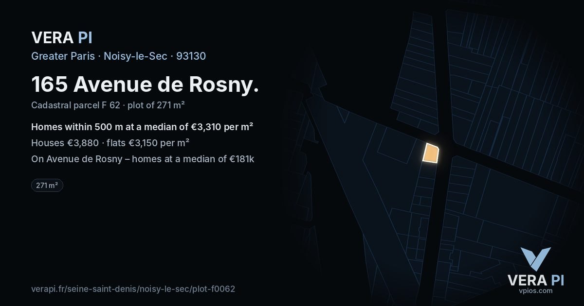 165 Avenue de Rosny, Noisy-le-Sec at night – the plot lit, the parcels around coloured by the prices near them