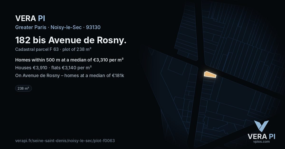 182 bis Avenue de Rosny, Noisy-le-Sec at night – the plot lit, the parcels around coloured by the prices near them