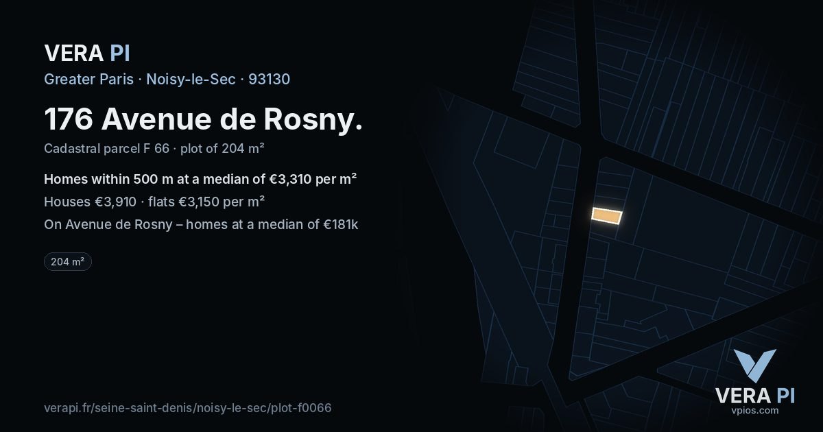 176 Avenue de Rosny, Noisy-le-Sec at night – the plot lit, the parcels around coloured by the prices near them