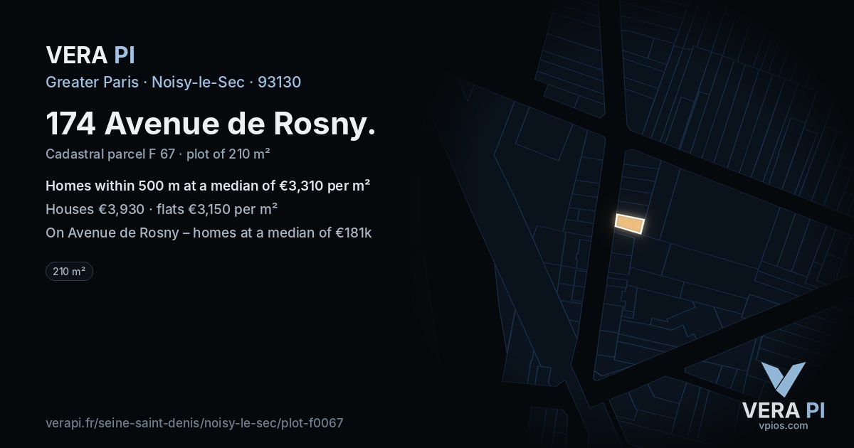 174 Avenue de Rosny, Noisy-le-Sec at night – the plot lit, the parcels around coloured by the prices near them