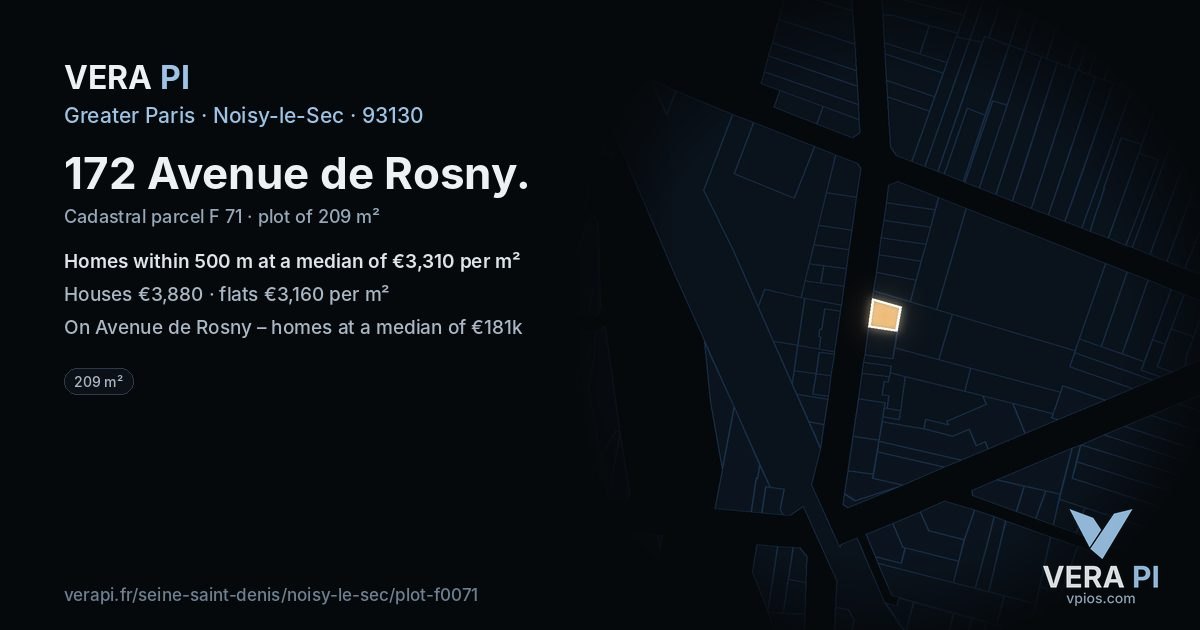 172 Avenue de Rosny, Noisy-le-Sec at night – the plot lit, the parcels around coloured by the prices near them