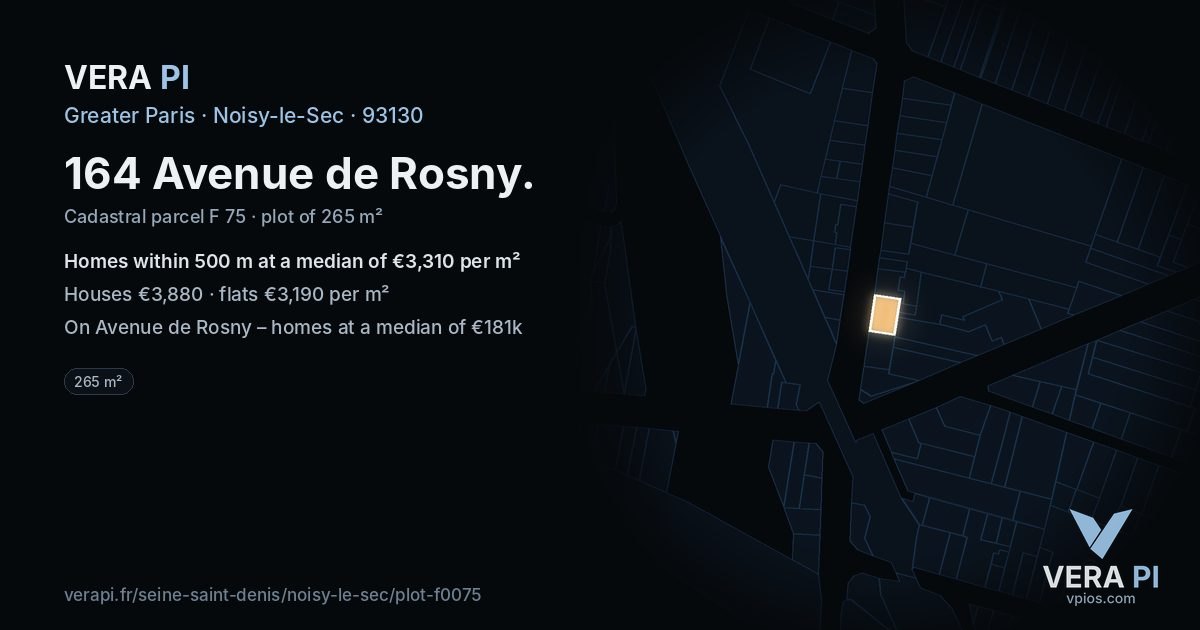 164 Avenue de Rosny, Noisy-le-Sec at night – the plot lit, the parcels around coloured by the prices near them