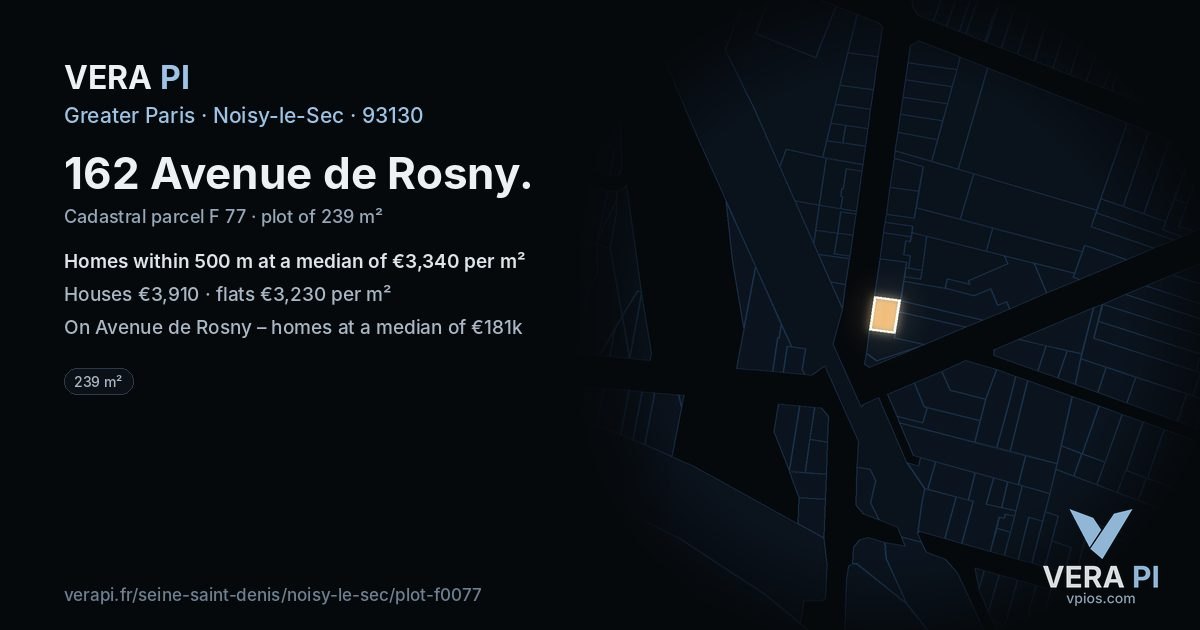 162 Avenue de Rosny, Noisy-le-Sec at night – the plot lit, the parcels around coloured by the prices near them