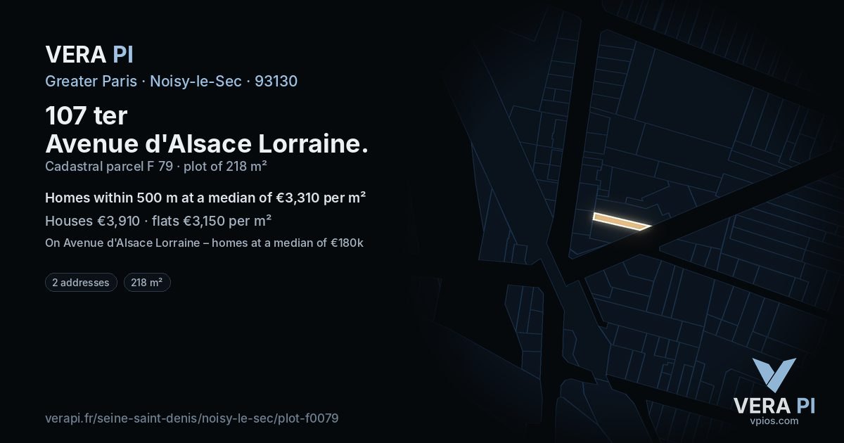 107 ter Avenue d'Alsace Lorraine, Noisy-le-Sec at night – the plot lit, the parcels around coloured by the prices near them
