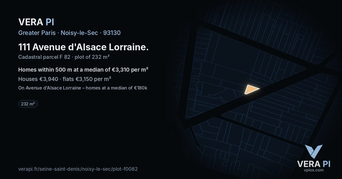 111 Avenue d'Alsace Lorraine, Noisy-le-Sec at night – the plot lit, the parcels around coloured by the prices near them