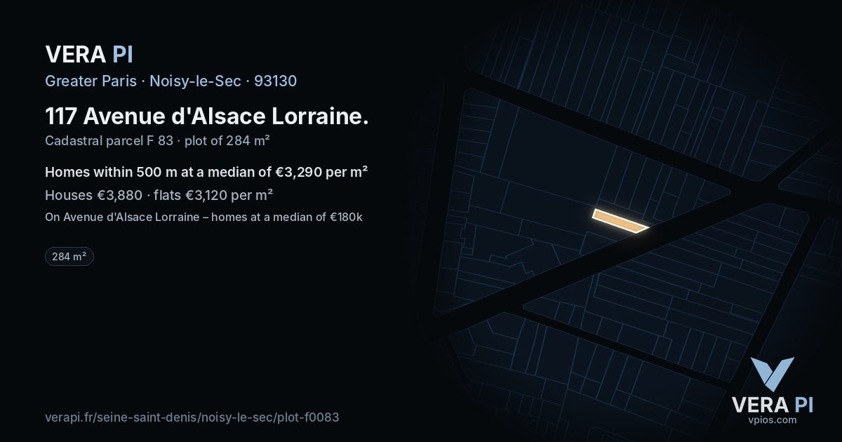 117 Avenue d'Alsace Lorraine, Noisy-le-Sec at night – the plot lit, the parcels around coloured by the prices near them